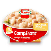 HORMEL COMPLEATS Dumplings & Chicken packaging on a store shelf, convenient ready-to-eat option.