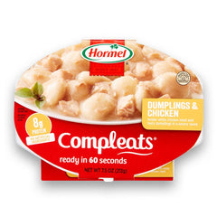 HORMEL COMPLEATS Dumplings & Chicken packaging on a store shelf, convenient ready-to-eat option.