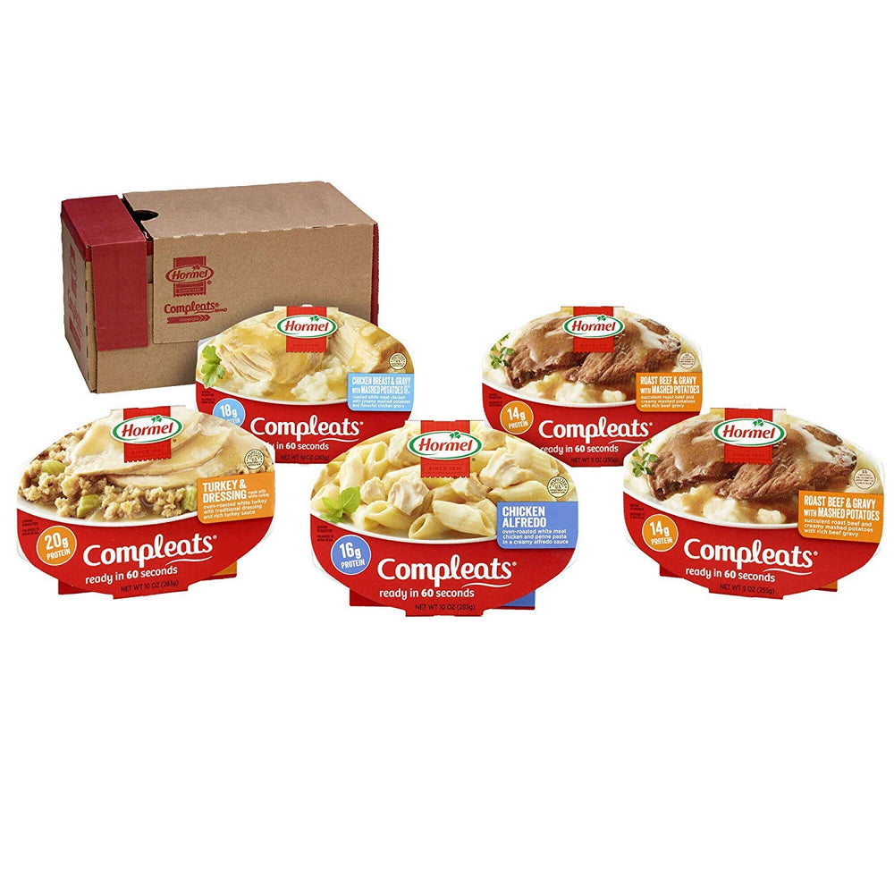 HORMEL COMPLEATS protein variety pack tray, ready to eat in 60 seconds for busy days