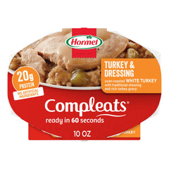HORMEL COMPLEATS turkey-dressing tray front view, ready-to-eat in 60 seconds.