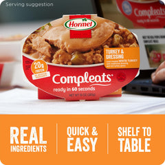HORMEL COMPLEATS turkey-dressing-tray microwave-ready label indicates fast heat.