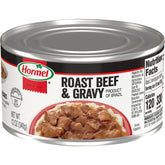 Hormel Roast Beef & Gravy 12-pack cans, convenient ready-to-heat protein.