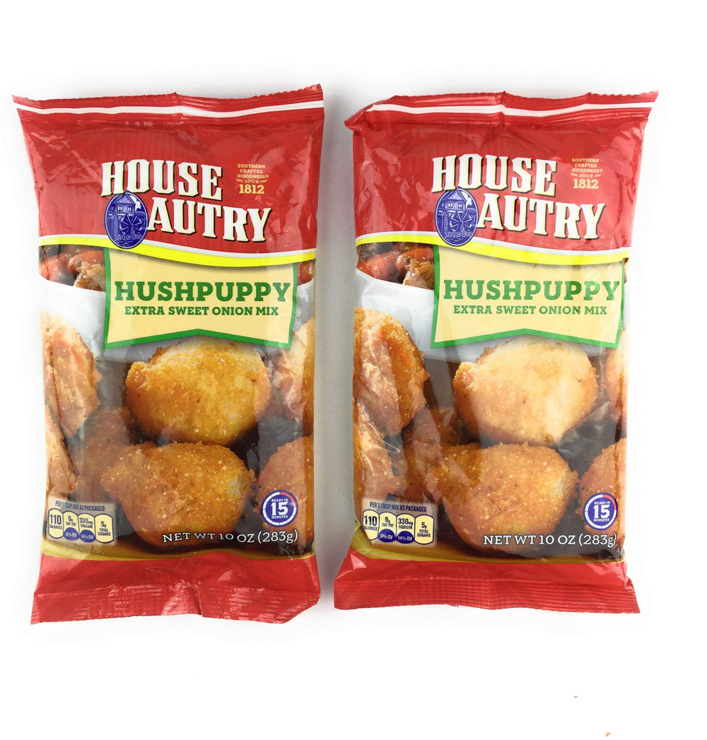 House Autry extra-sweet onion hushpuppy mix front label, ready for quick frying.