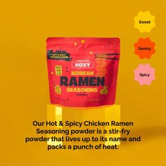 HOXY ramen seasoning powder dispense shot—sprinkle on noodles for bold stir-fry flavor.