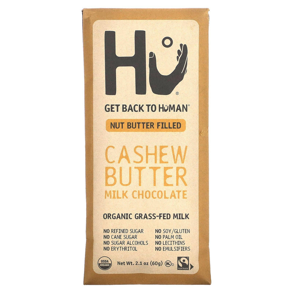 Hu Bar Cashew Butter Milk Chocolate packaging highlights premium ingredients and convenient snacking.