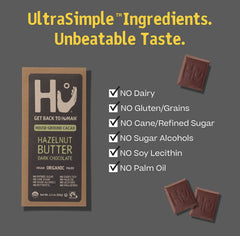 Hu chocolate bars vegan dairy-free ingredients close-up view.