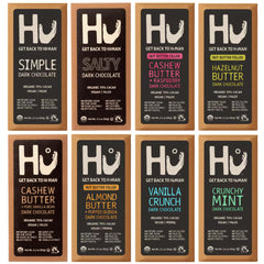 Hu 8-pack front view, premium dark chocolate bars for mindful indulgence