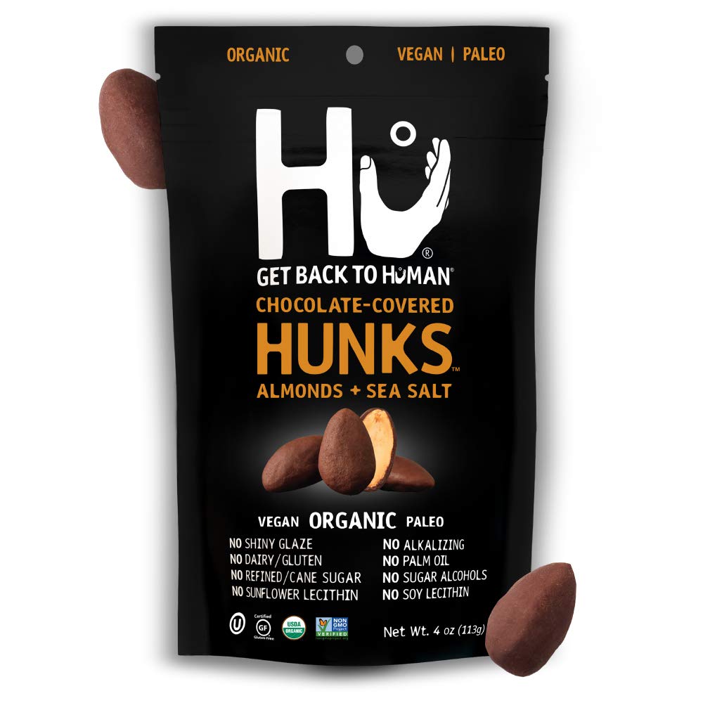 Hu Hunks vegan chocolate almonds sea salt in a 2-pack, convenient zipper bag for on-the-go snacking.