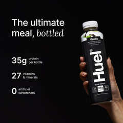 Huel Black Edition Vanilla bottle closeup highlights protein content and clean label.
