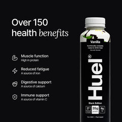Huel Black Edition Vanilla nutrition label shows 27 vitamins and minerals.