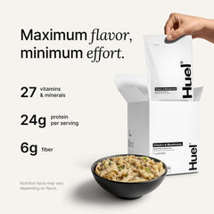 Huel Hot and Savory boiling-water steps show quick meal preparation