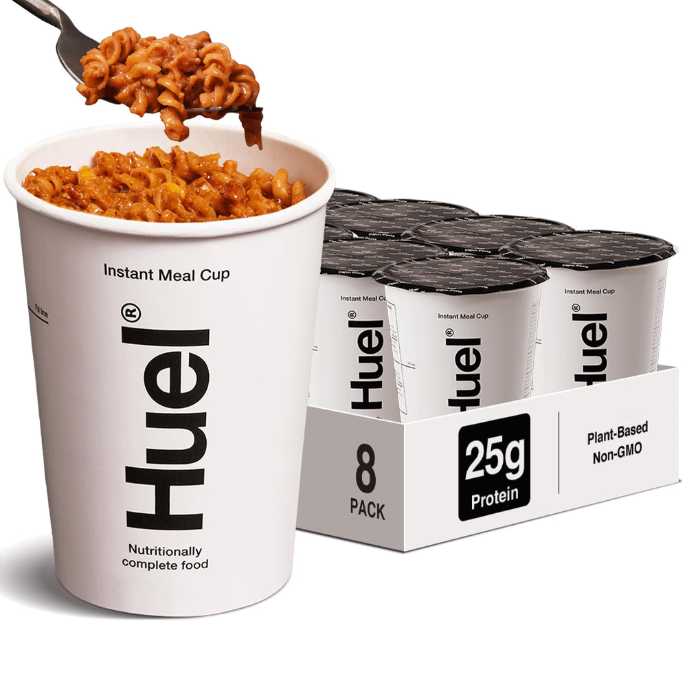 Huel Cajun Pasta Cup packaging showing convenient plant-based meal option