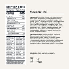 Huel Mexican Chili pack back shows nutrition details and vegan attributes.