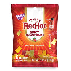 HUER Frank’s RedHot gummy bears close-up showing heat-coated candy.