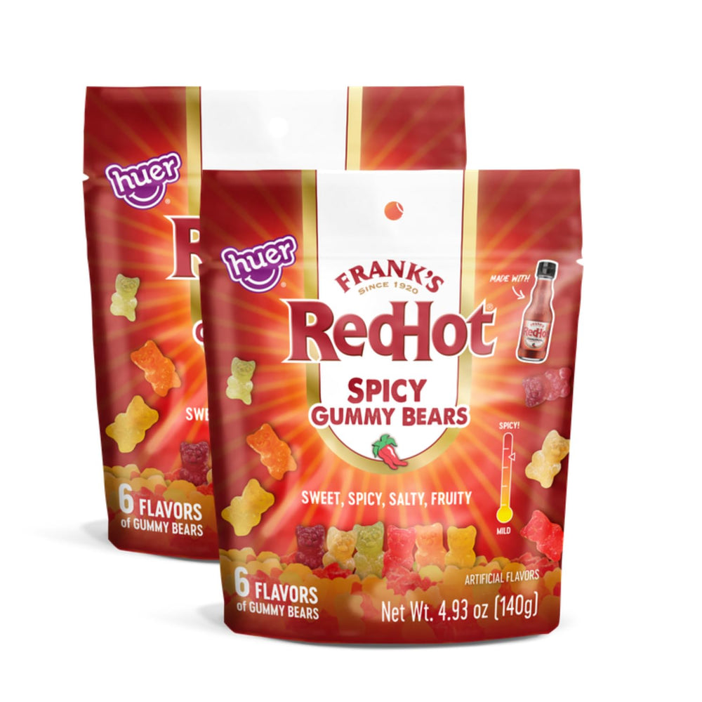 HUER Frank's RedHot spicy gummy bears 2-pack pack shot shows bold flavor