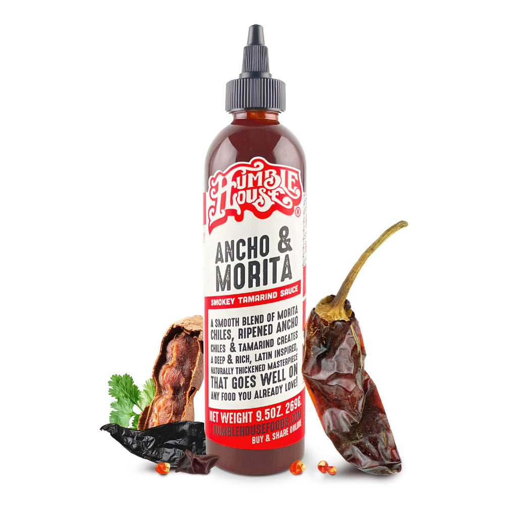 Humble House Ancho Morita hot sauce bottle highlighting bold smoky flavor for tacos and wings.