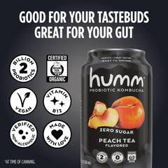 Humm label close-up highlights probiotics and vitamin B12 benefits in a real-world bottle.