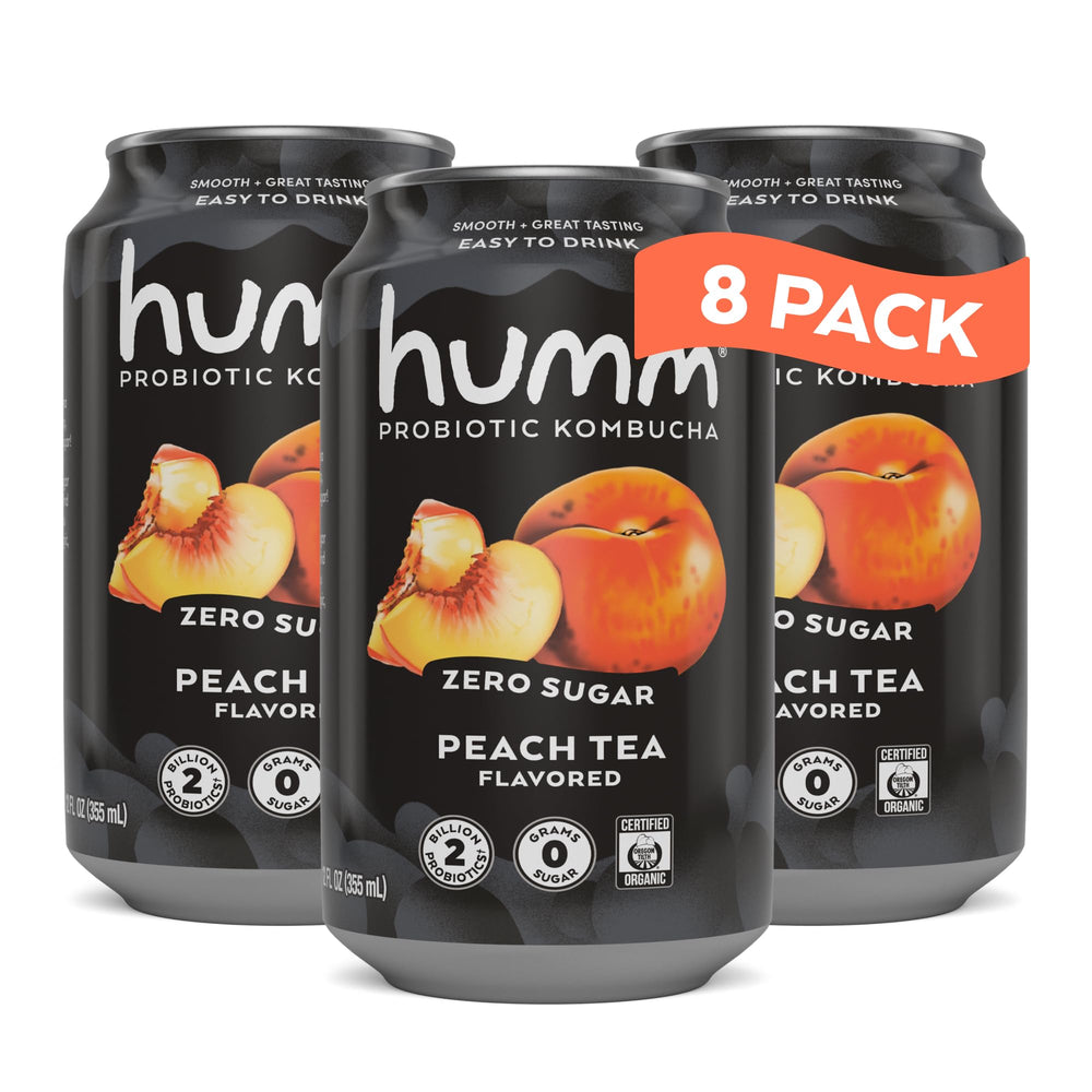 Humm probiotic kombucha peach tea can for on-the-go refreshment with zero sugar.