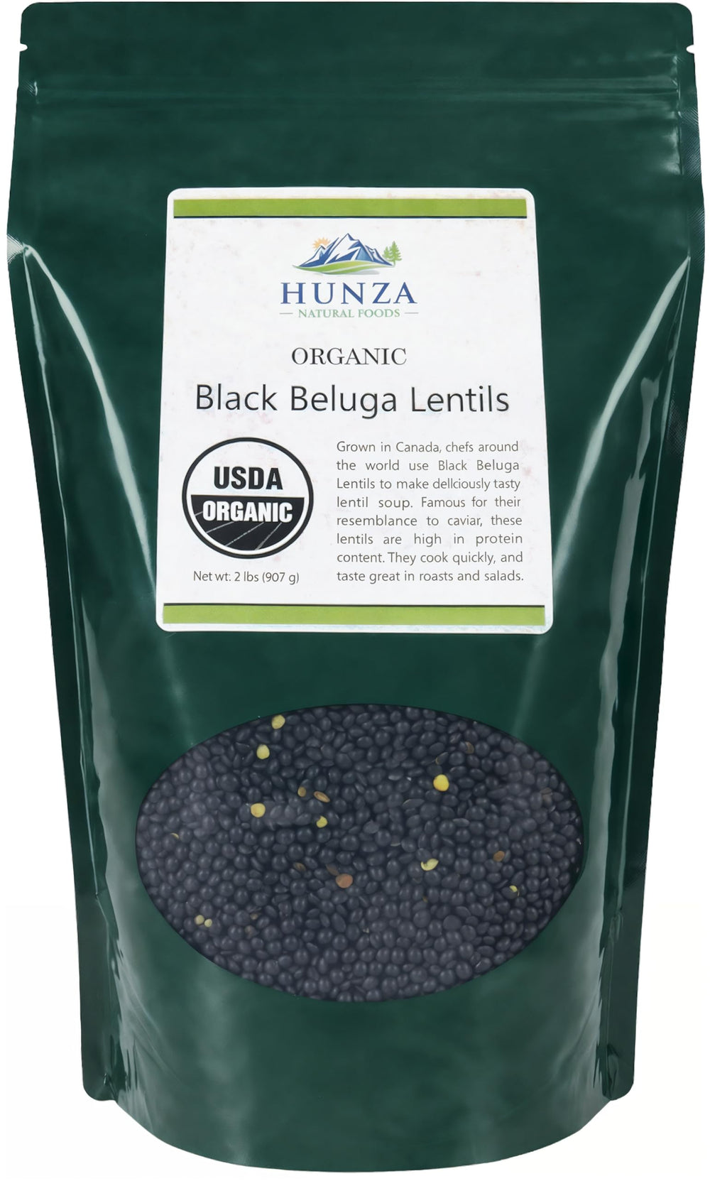 Hunza Black Beluga Lentils in a green pouch, convenient packaging and freshness.