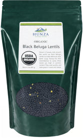 Hunza Black Beluga Lentils in a green pouch, convenient packaging and freshness.