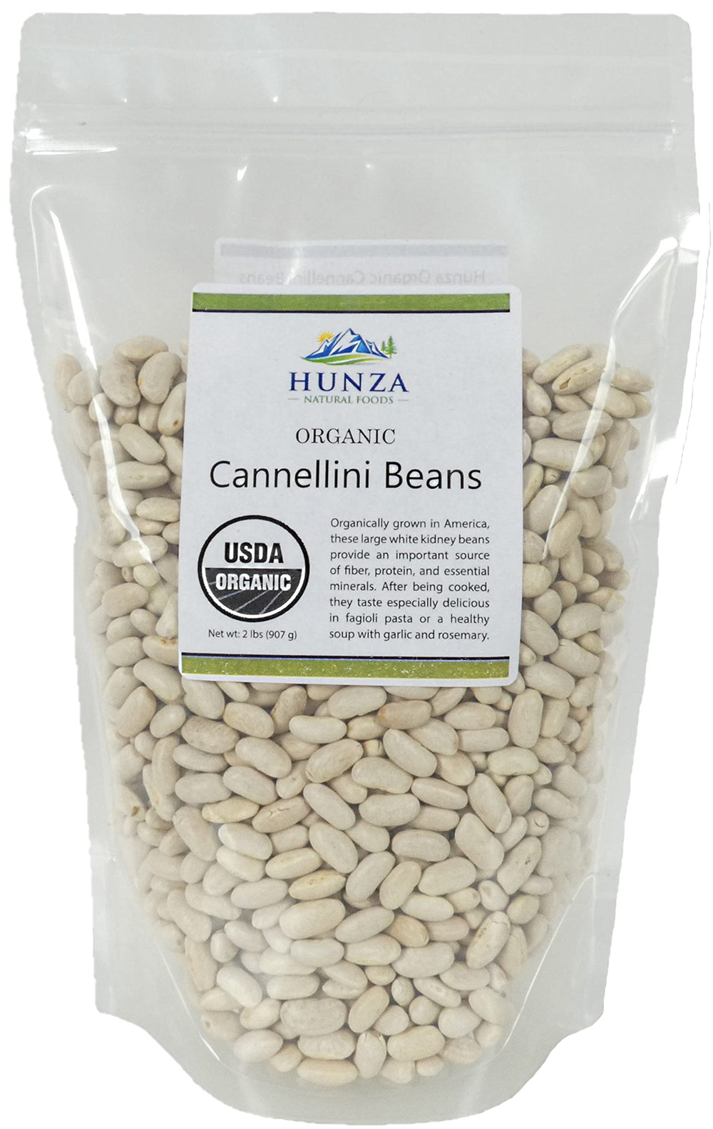 Hunza Organic Cannellini Beans 2lb packshot showing premium dry beans and label.