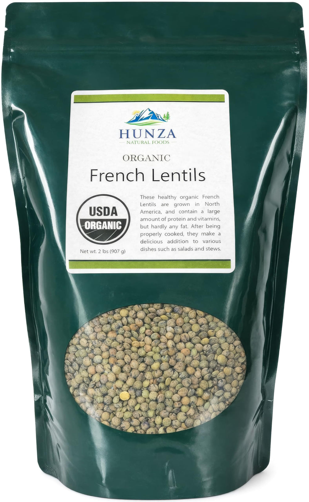 Hunza Organic French Lentils in a green stand-up pouch for pantry convenience.