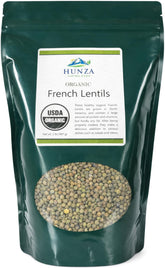 Hunza Organic French Lentils in a green stand-up pouch for pantry convenience.