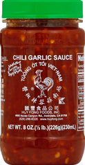 Huy Fong chili garlic sauce jar to spice up meals and elevate stir-fries.