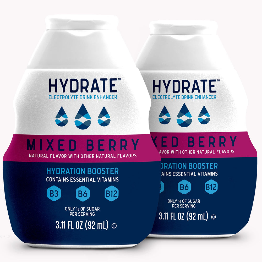 Hydrate drops bottle with mixed berry flavor for convenient on-the-go hydration.