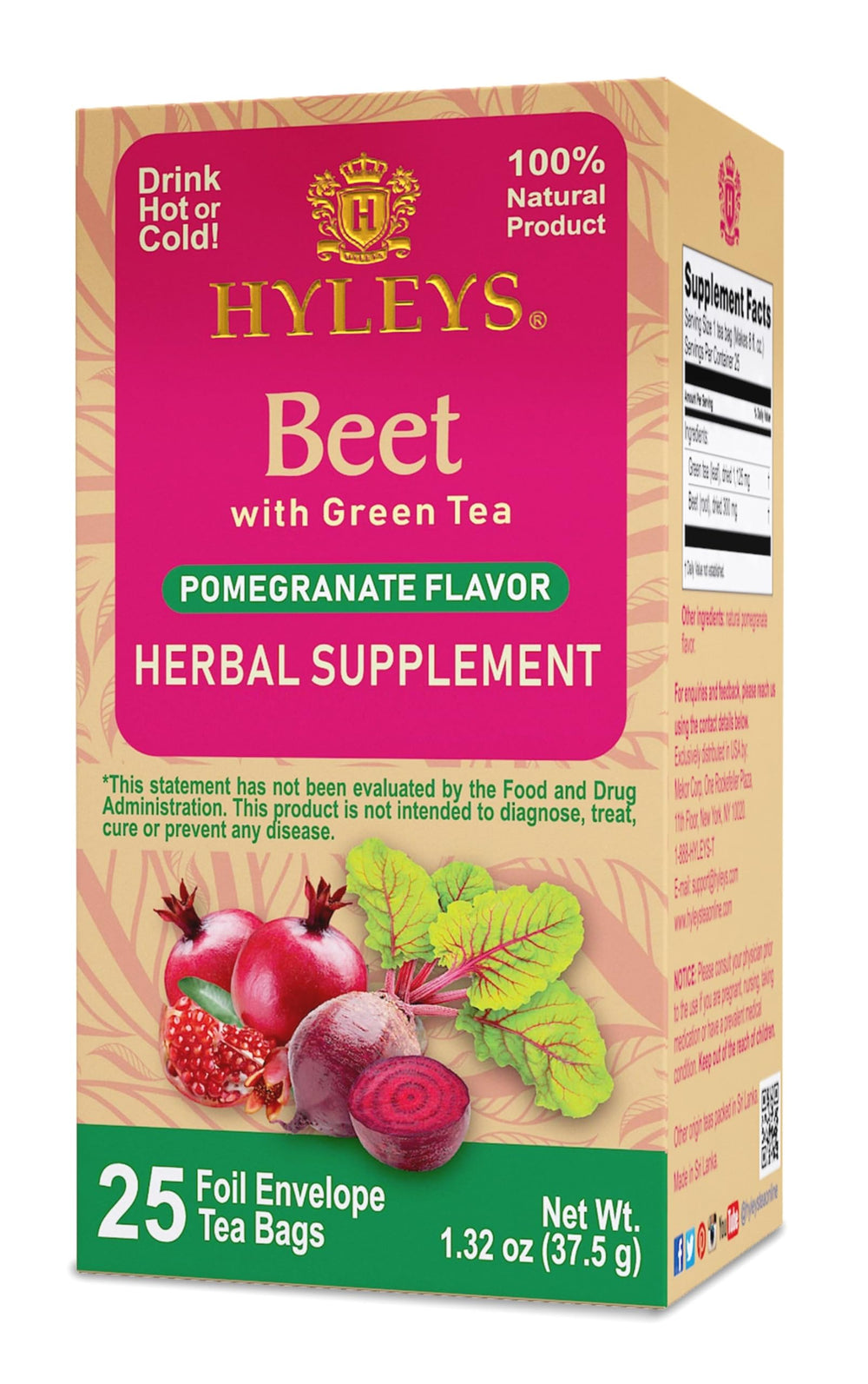 Hyleys Beet & Green Tea packaging highlights natural energy and clean ingredients.