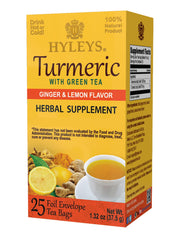 Hyleys Ginger Turmeric Tea Lemon Flavor box with 25 bags for easy daily brewing.