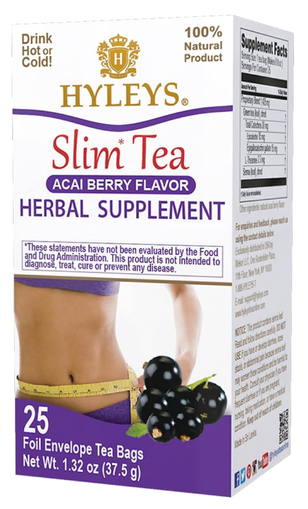 HYLEYS Slim Tea Acai Berry Flavor box, convenient daily packaging for a simple wellness routine.