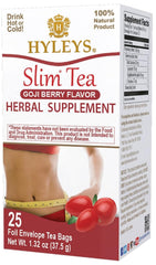 Hyleys Slim Tea Goji Berry box front highlighting natural herbal blend for daily wellness
