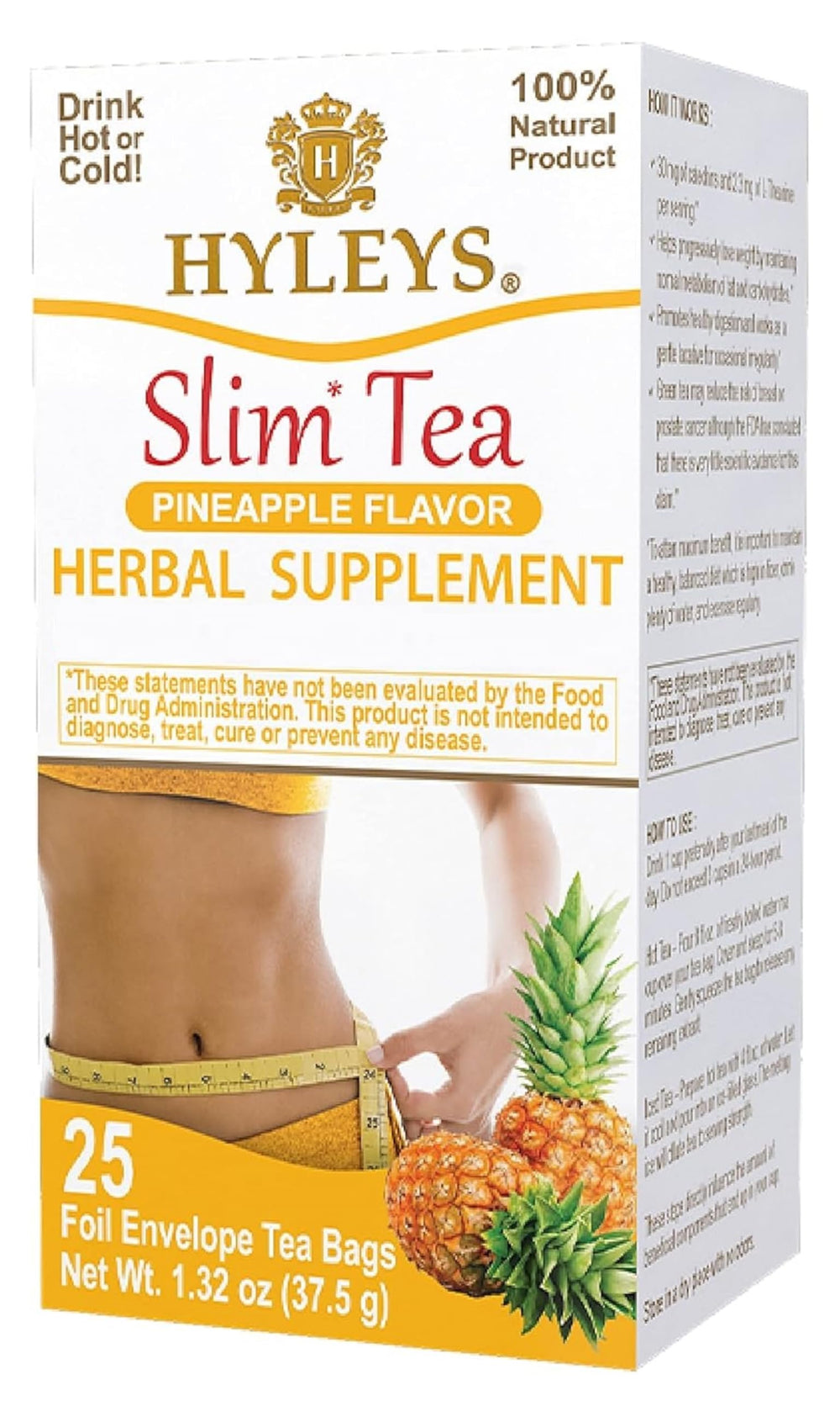 Hyleys Slim Tea Pineapple Flavor packaging showing 25 tea bags for daily detox.