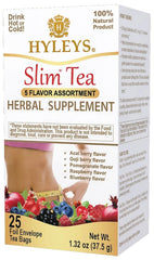 HYLEYS Slim Tea variety pack front shows 25 teabags for easy detox