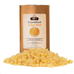 IAN's crystallized ginger pieces in a 4oz bag, ideal for snacking and baking.