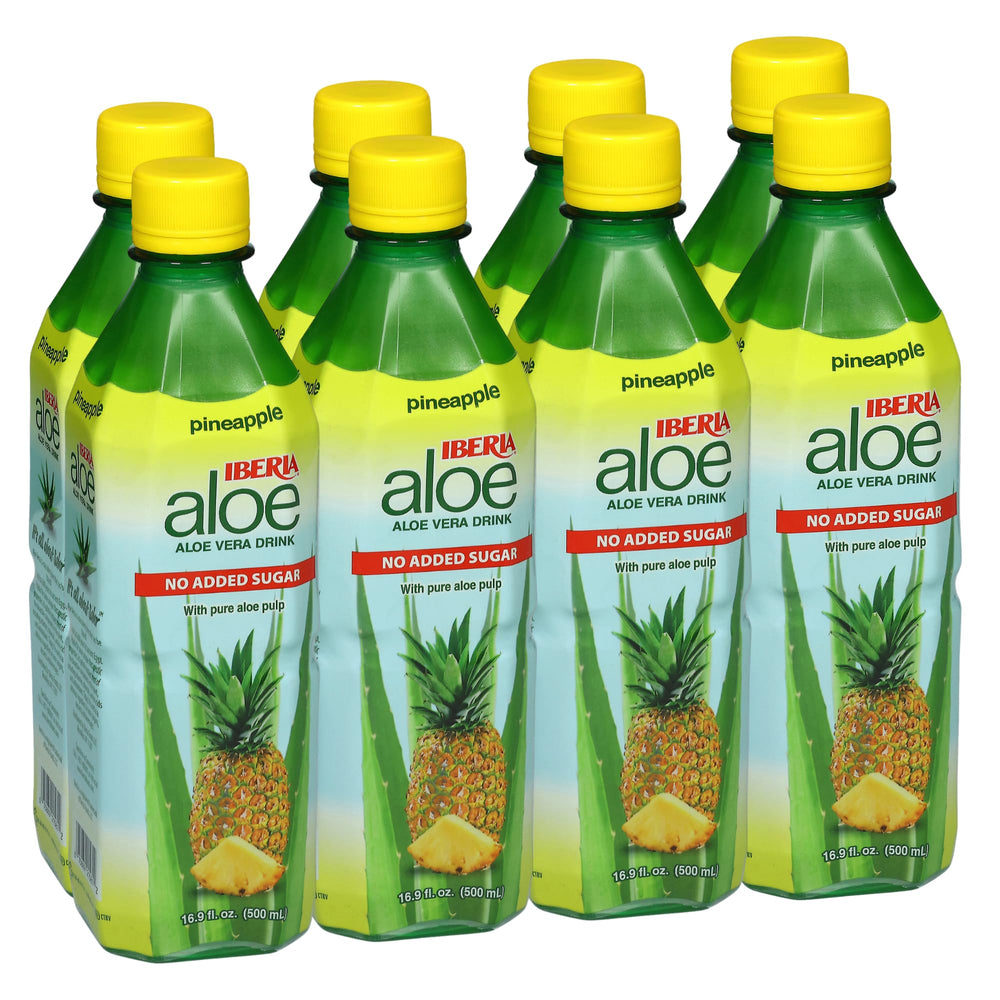 Iberia Aloe Vera Drink with Pulp bottle front view, a refreshing sugar-free pineapple option.
