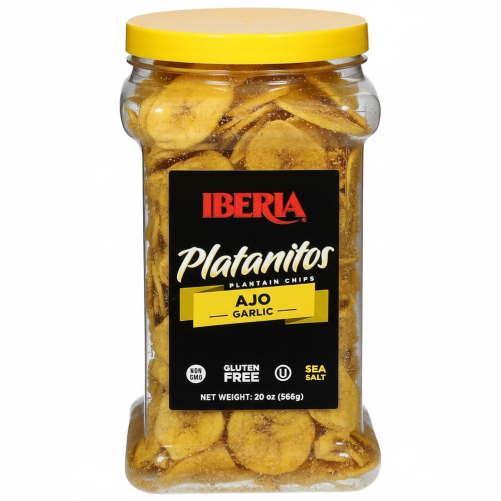 Iberia Garlic Plantain Chips jar displaying crisp, savory flavor and natural ingredients for a healthy snack