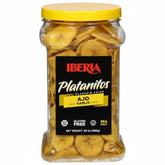Iberia Garlic Plantain Chips jar displaying crisp, savory flavor and natural ingredients for a healthy snack