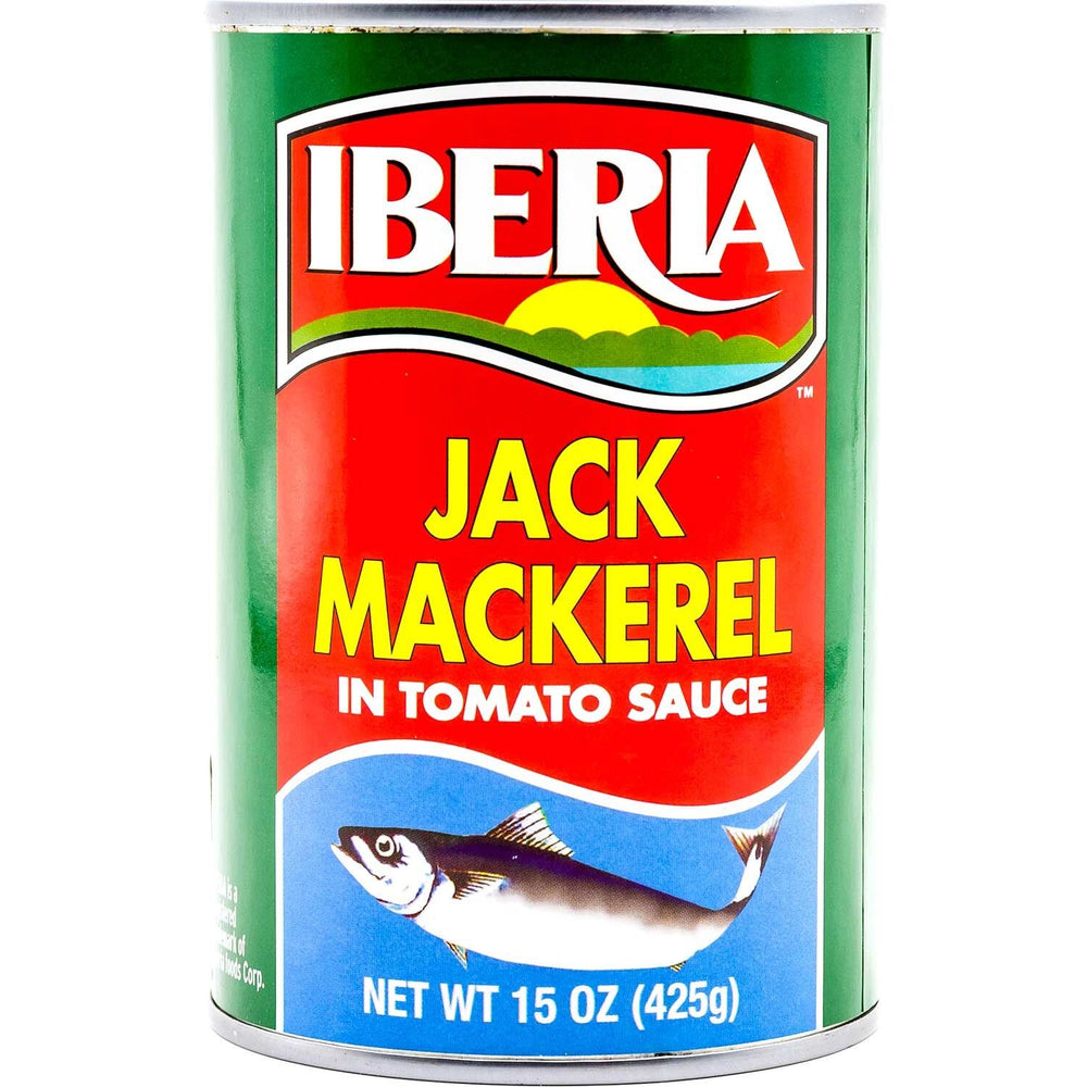 Ibera Jack Mackerel in Tomato Sauce can, omega-rich fish, ready for quick meals.