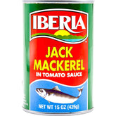 Ibera Jack Mackerel in Tomato Sauce can, omega-rich fish, ready for quick meals.