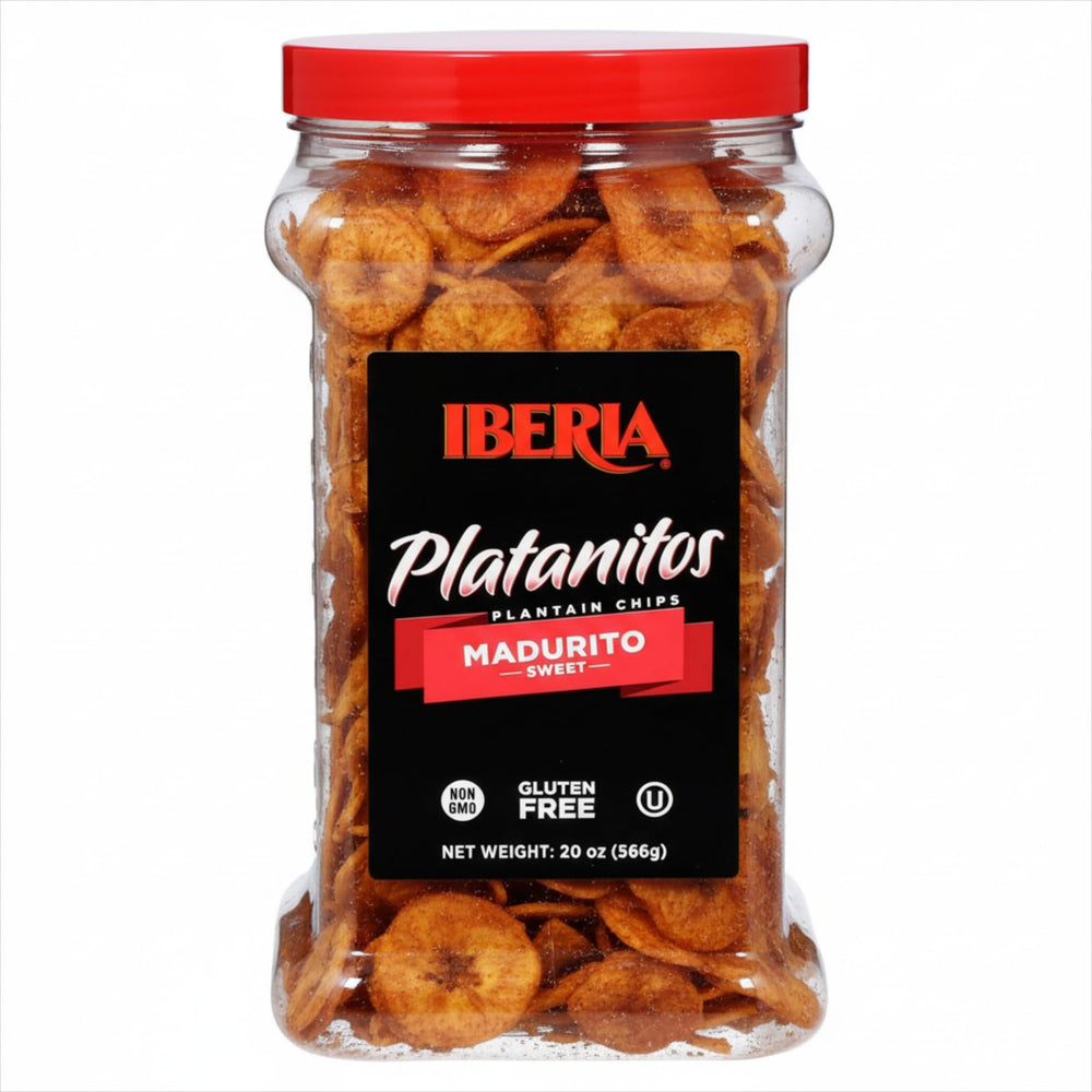 Iberia Maduritos jar shows naturally sweet plantain chips with a satisfying crunch