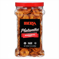 Iberia Maduritos jar shows naturally sweet plantain chips with a satisfying crunch