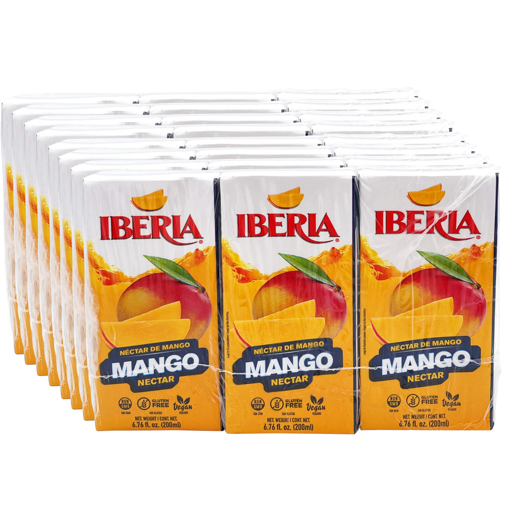 Iberia Mango Nectar can pour showing real mango flavor for refreshment