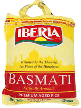 Iberia Premium Aged Indian Basmati Rice in burlap bag with zipper for easy storage.