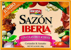 Iberia Sazon Jumbo Pack packaging shows coriander and achiote for quick flavor boosts