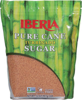 Iberia Turbinado sugar crystals in a jar show coarse texture ideal for toppings.