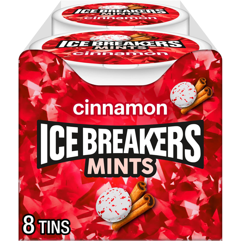 Ice Breakers Cinnamon Sugar Free Mints tin closeup with sparkling crystals for quick freshness.