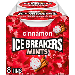 Ice Breakers Cinnamon Sugar Free Mints tin closeup with sparkling crystals for quick freshness.