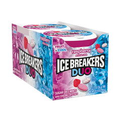 Close-up of raspberry flavor and cooling crystals in Ice Breakers Duo mints.